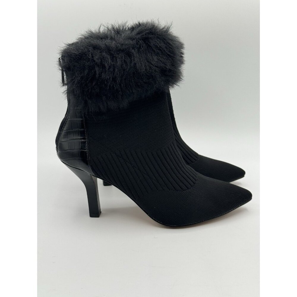 Adrienne Vittadini Nano Stretchy Black Booties w/Faux Fur Upper Sz 8m Women